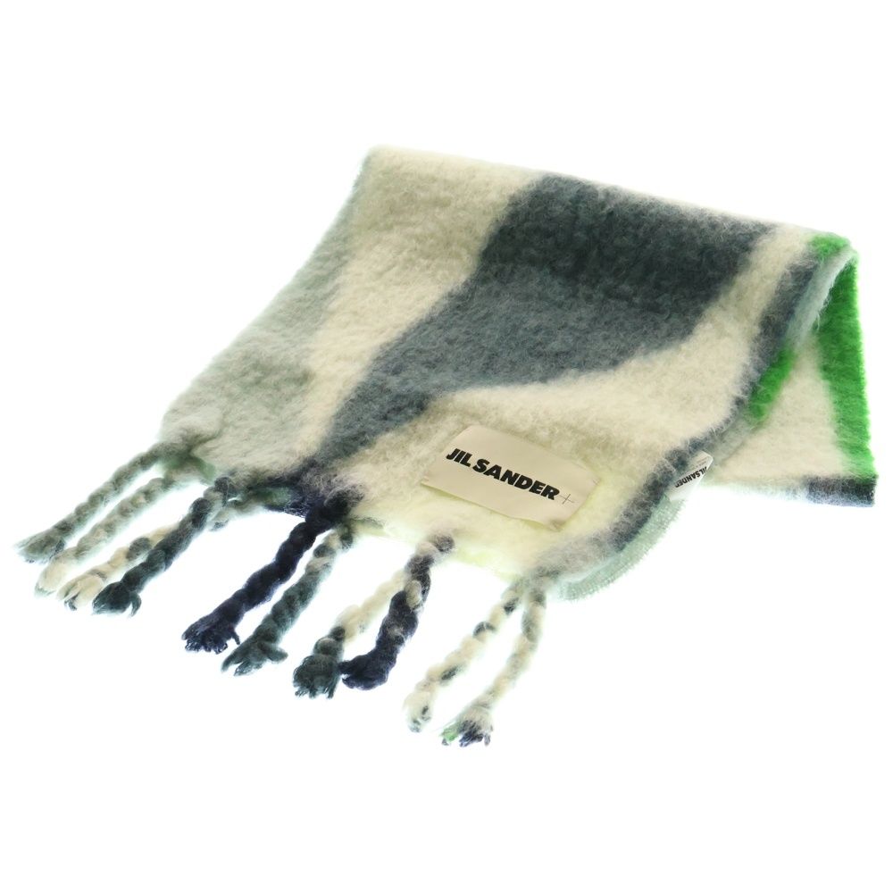 JIL SANDER ジルサンダープラス 21AW スペイン製 パターン モヘアウール マフラー ホワイト ネイビー グリーン JPUT902025