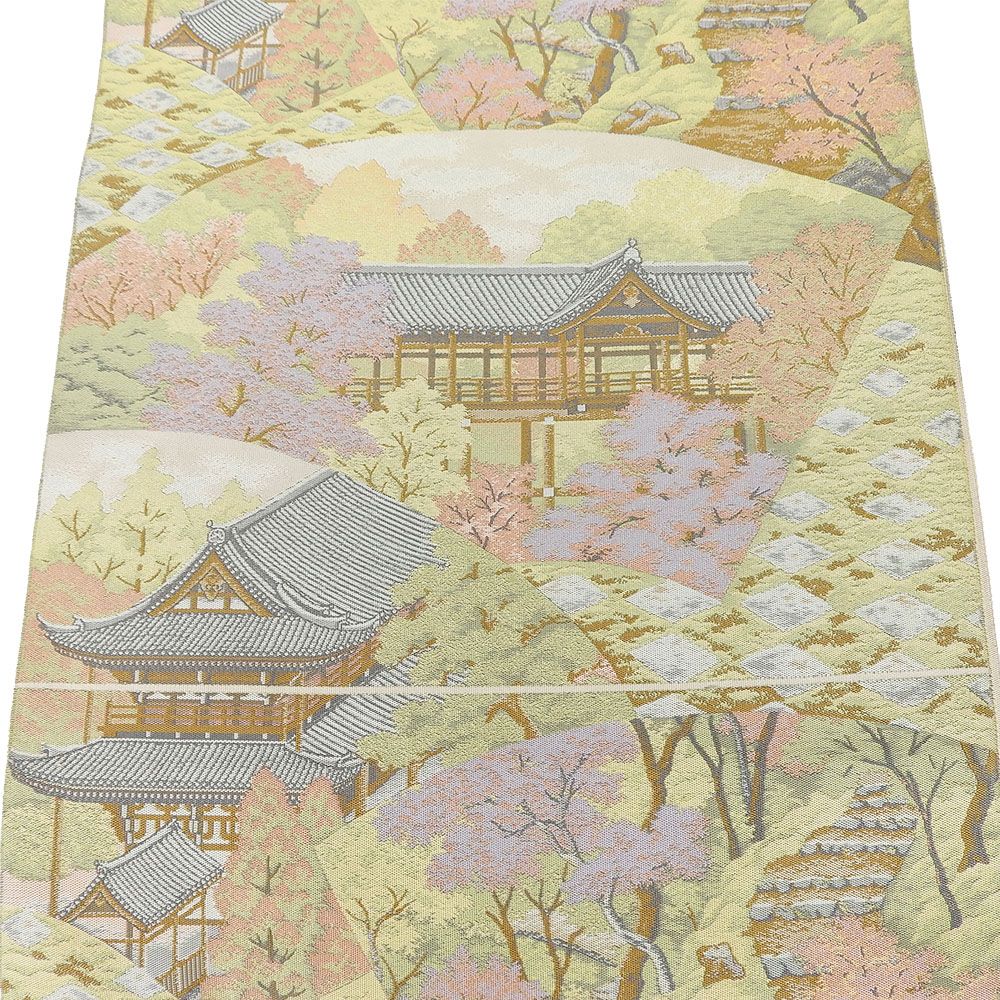 中古】袋帯 風景柄 寺院 春 桜 グリーン 薄ピンク パステルカラー  