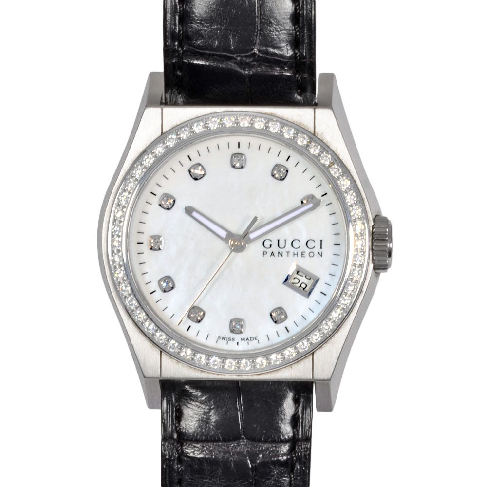 グッチ GUCCI 115.4 パンテオン 腕時計 ホワイトシェル文字盤 デイト 10Pダイヤ ダイヤベゼル レディース【中古】