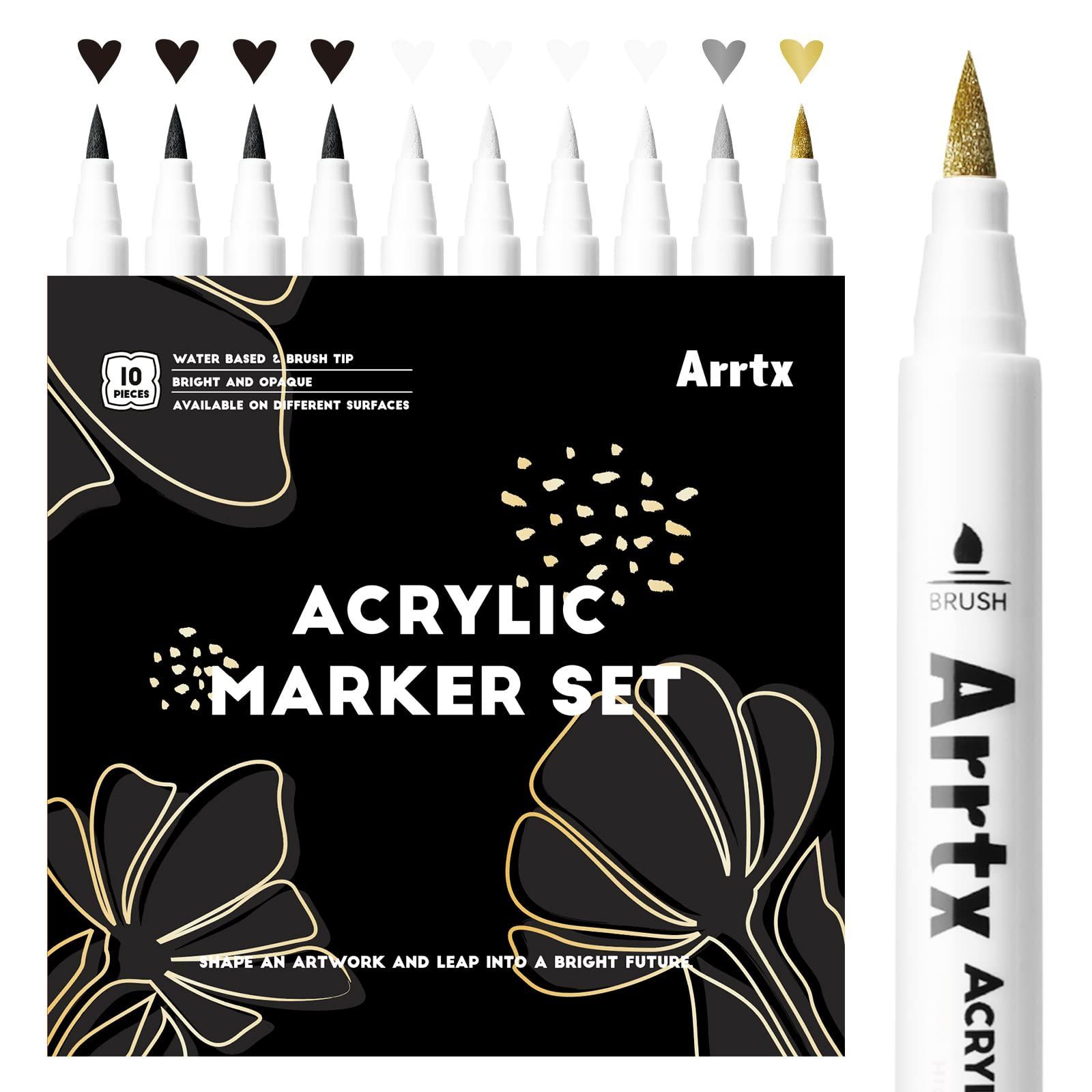 アクリルペイントペン 10 パック 黒4 白4 金1 銀1 水性ペン ペイントマーカー Arrtx ペン ソフトブラシチップ 細筆 防水ペイントマーカー ストーン ガラス 復活の卵 木 布製