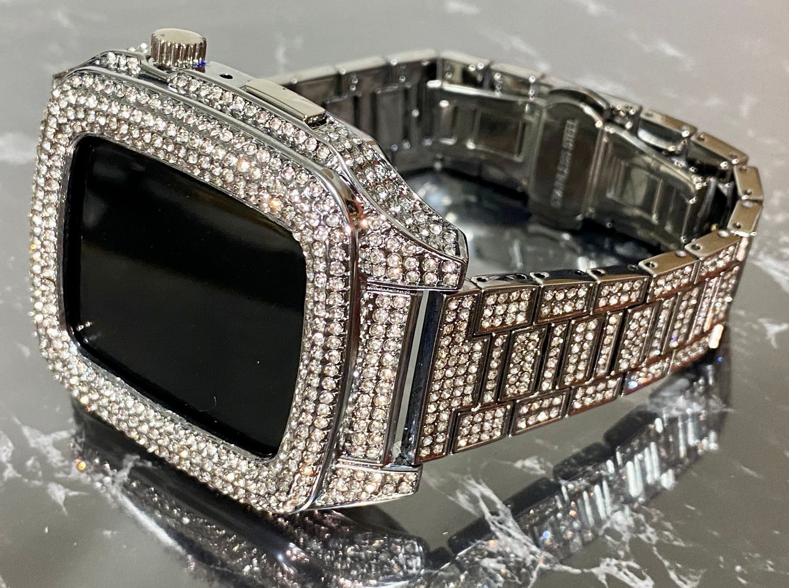 シルバー　アップルウォッチバンド ステンレス カバー　キラキラ　ラバー　Apple Watch ケース 44mm 45mm メンズ レディース　調整器付き　フルダイヤ