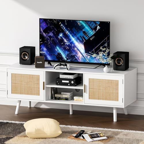 tv台 テレビボード テレビ台 ホワイト 組立簡単 収納ラック 扉付 収納スペース wifi ルーター収納 ゲーム機収納 Eumyviv 配線穴 引き出し付 ハンドル付き リビングルーム 藤編み 木製脚 幅119.3 cm 奥行40 高さ48.2