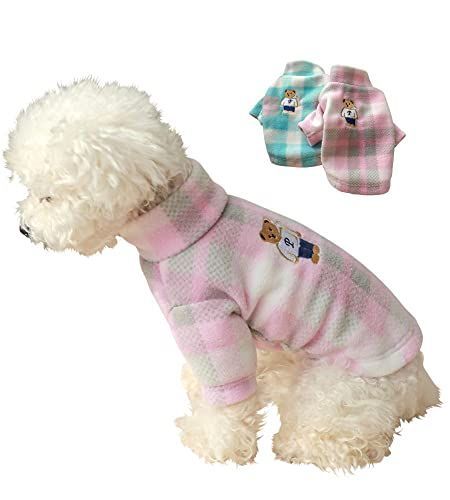 L_ピンク 犬服 ドッグウェア 秋 冬 秋服 冬服 犬用セーター トレーナー ニット あたたかい かわいい 可愛い おしゃれ シンプル チェック柄 暖かい 防寒 プチプラ チェック柄フリースワッペン