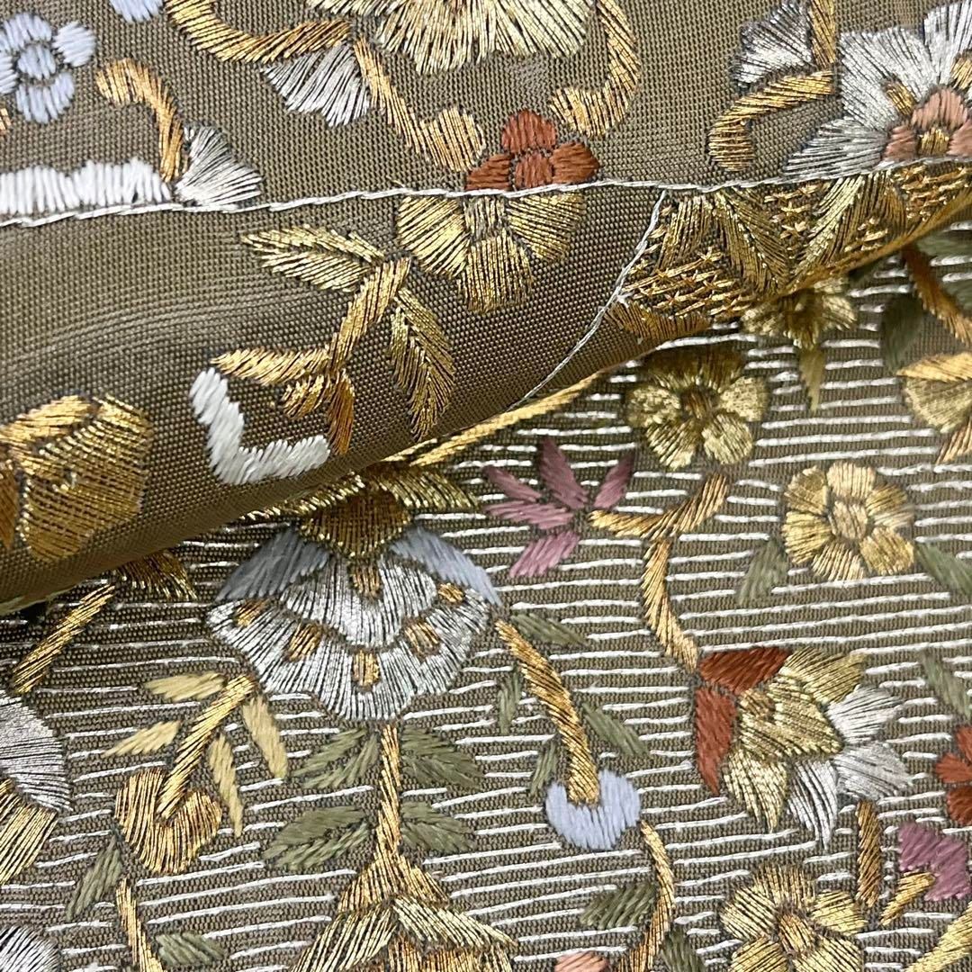 袋帯 総刺繍 美しい金銀の煌びやかな花模様 千歳茶色 O-4130 袋帯 総刺繍 美しい金銀の煌びやかな花模様 千歳茶色 O-4130