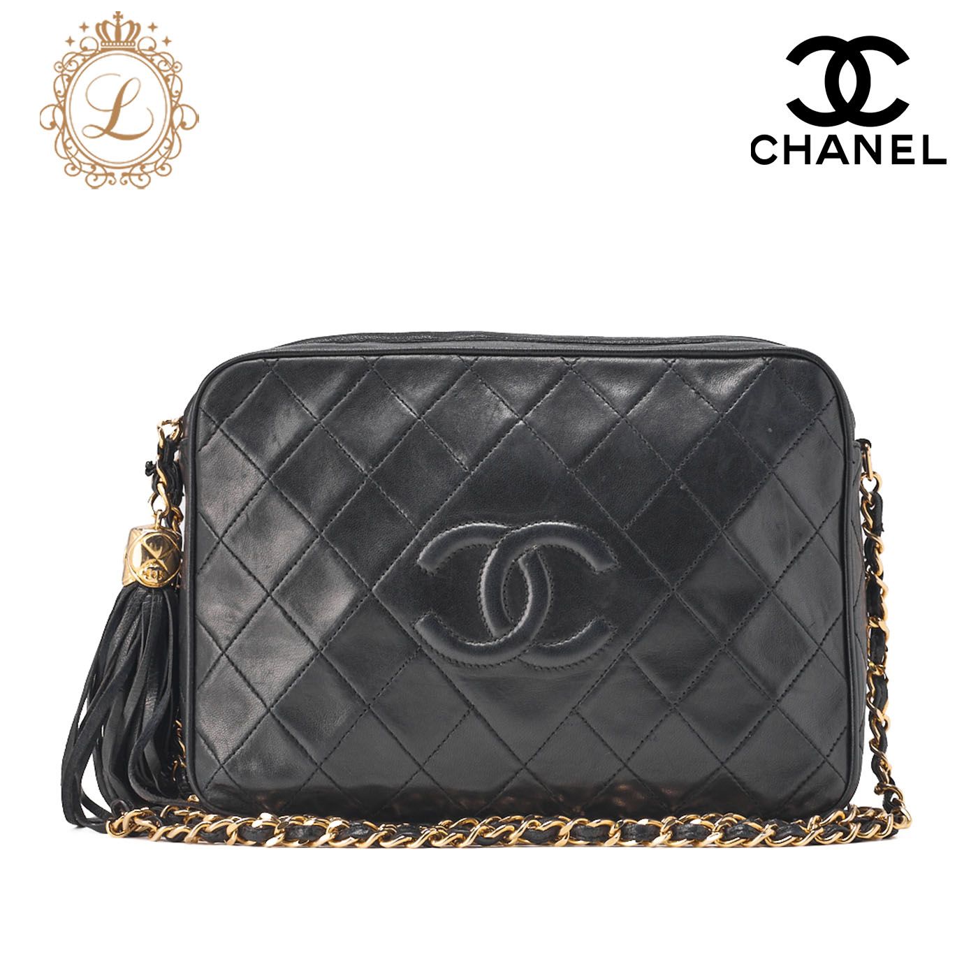 シャネル ラムスキン フリンジ チェーン ショルダー バッグ ココマーク 黒 CHANEL シャネル ダイヤステッチ ココマーク フリンジ ブラック