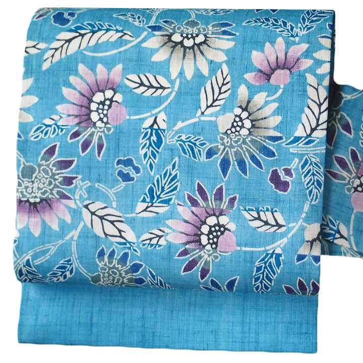 夏帯 名古屋帯 本大麻帯 和染紅型 栗山吉三郎 本麻 横段 菊 空色 九寸