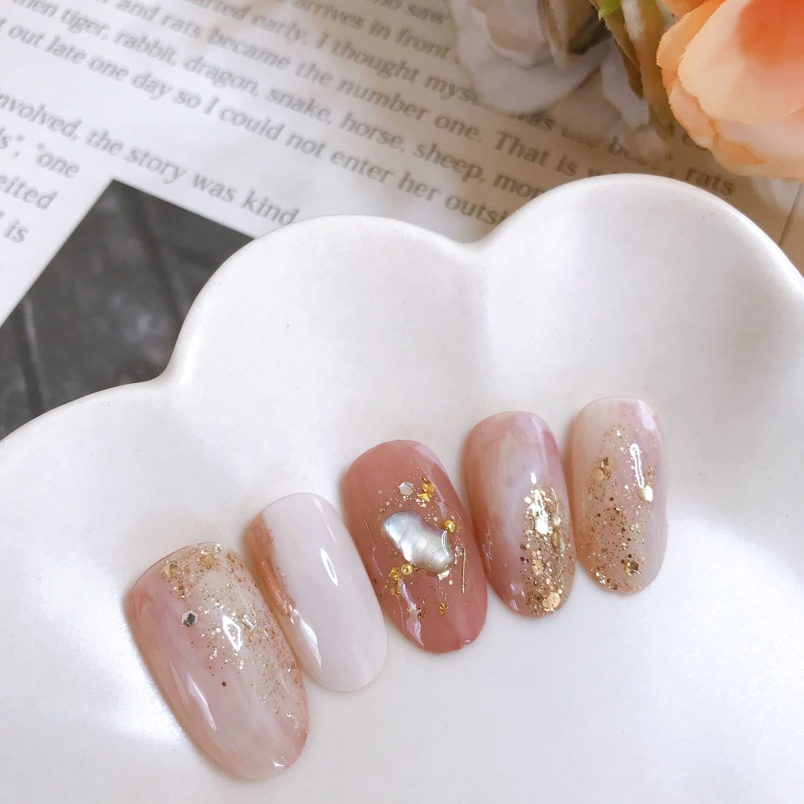 No.336 ネイルチップ ブラウン 水色 ニュアンス キラキラ シェル 秋