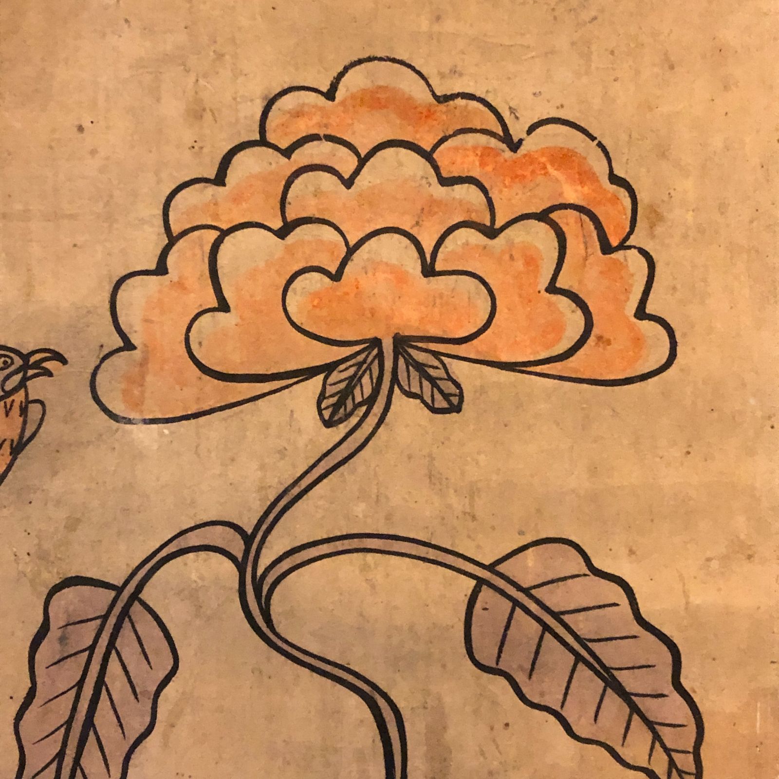 李朝】文字絵 花鳥図 掛軸 李朝民画「守」在銘 ☆掛軸/花鳥図/