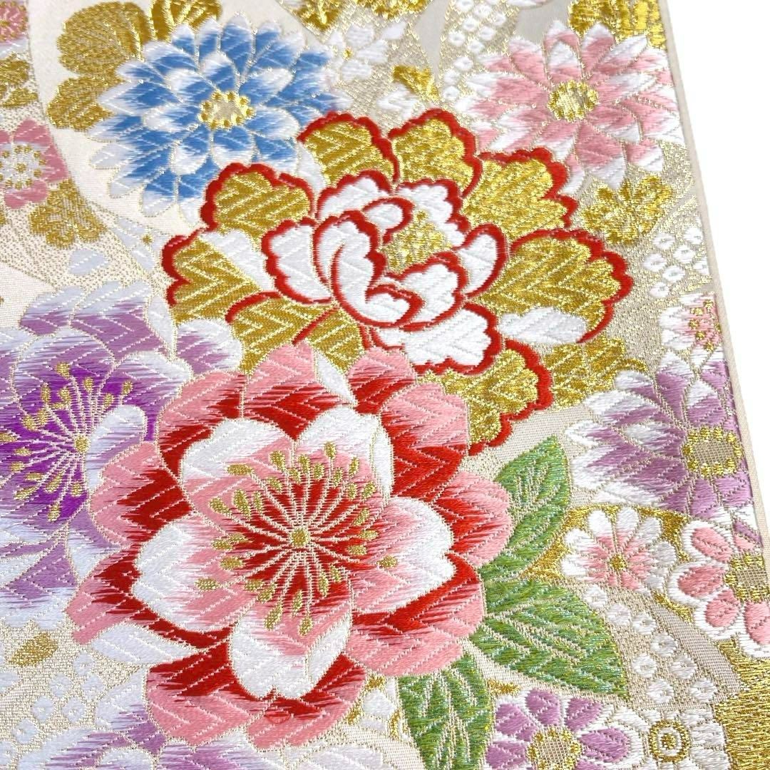 振袖帯　袋帯　牡丹　菊花　八重桜　牡丹　流水　膨れ織　着物　044a d 振袖帯 袋帯 牡丹 菊花 八重桜 牡丹 流水 膨れ織 着物 044a d