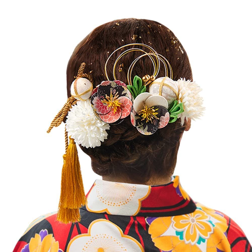 『特価』 (黒) 3カラー 付き 金箔 房飾り 組紐 水引 ヘアアクセサリー コーム 髪留め 飾り 飾り 髪 髪 結婚式 浴衣 卒業式 和装 着物 袴 七五三 花 つまみ細工 14点セット 振袖 成人式 髪飾り [OTA