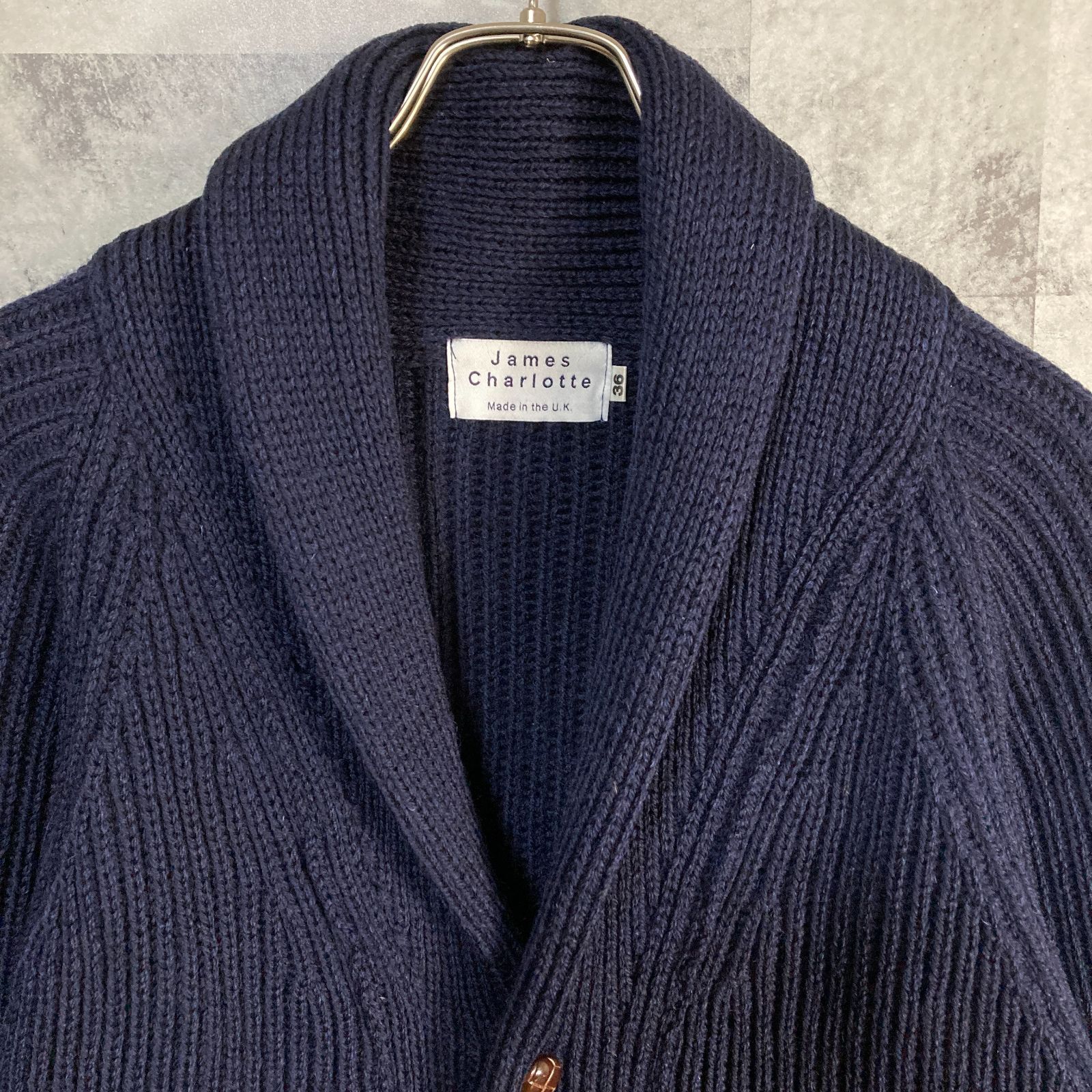 英国製 James Charlotte 肉厚ニット ショールカーディガン ネイビー 36