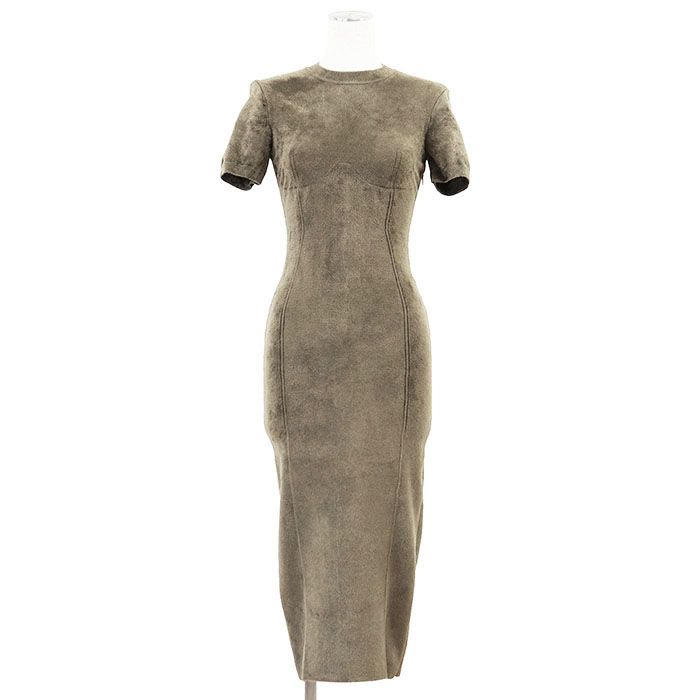 FENDI SKIMS フェンディ スキムズ ワンピース スウェード調 2021年製 FF ロゴ タイト コクーン シルエット ストレッチ プルオーバー ミディ丈 半袖 ドレス レディース サイズ 38 カーキ イタリア製