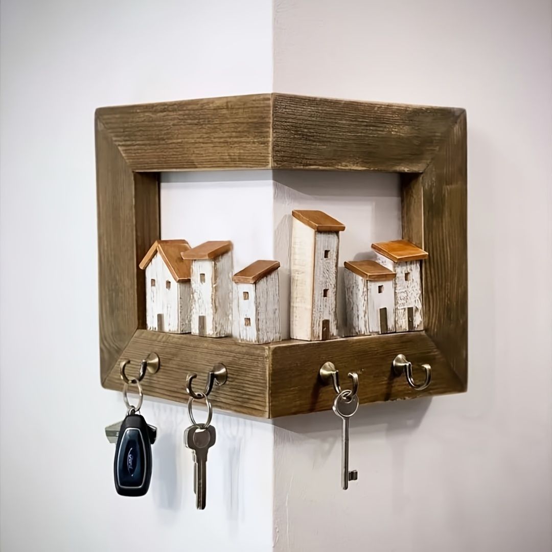 壁掛けキーホルダー 木製 4つフック付き カントリー調 シンプル モダン シック 北欧 寝室 リビング 玄関 アートクラフト整理 コート 帽子 ネックレス キーホルダー 家の鍵 車の鍵