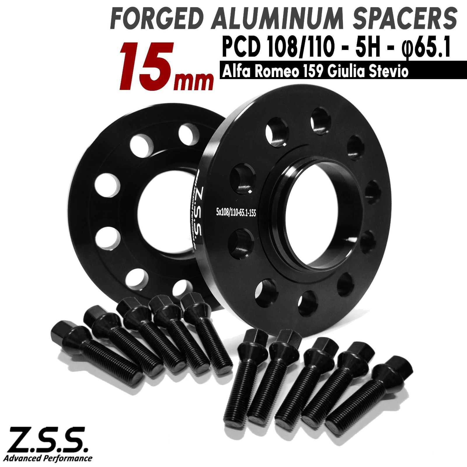 Z.S.S. AP アルファロメオ ALFA ROMEO 8C ジュリア ステルヴィオ 15mm スペーサー PCD108 PCD110 5穴 ハブ径 65.1φ M14xP1.50 ボルト付き