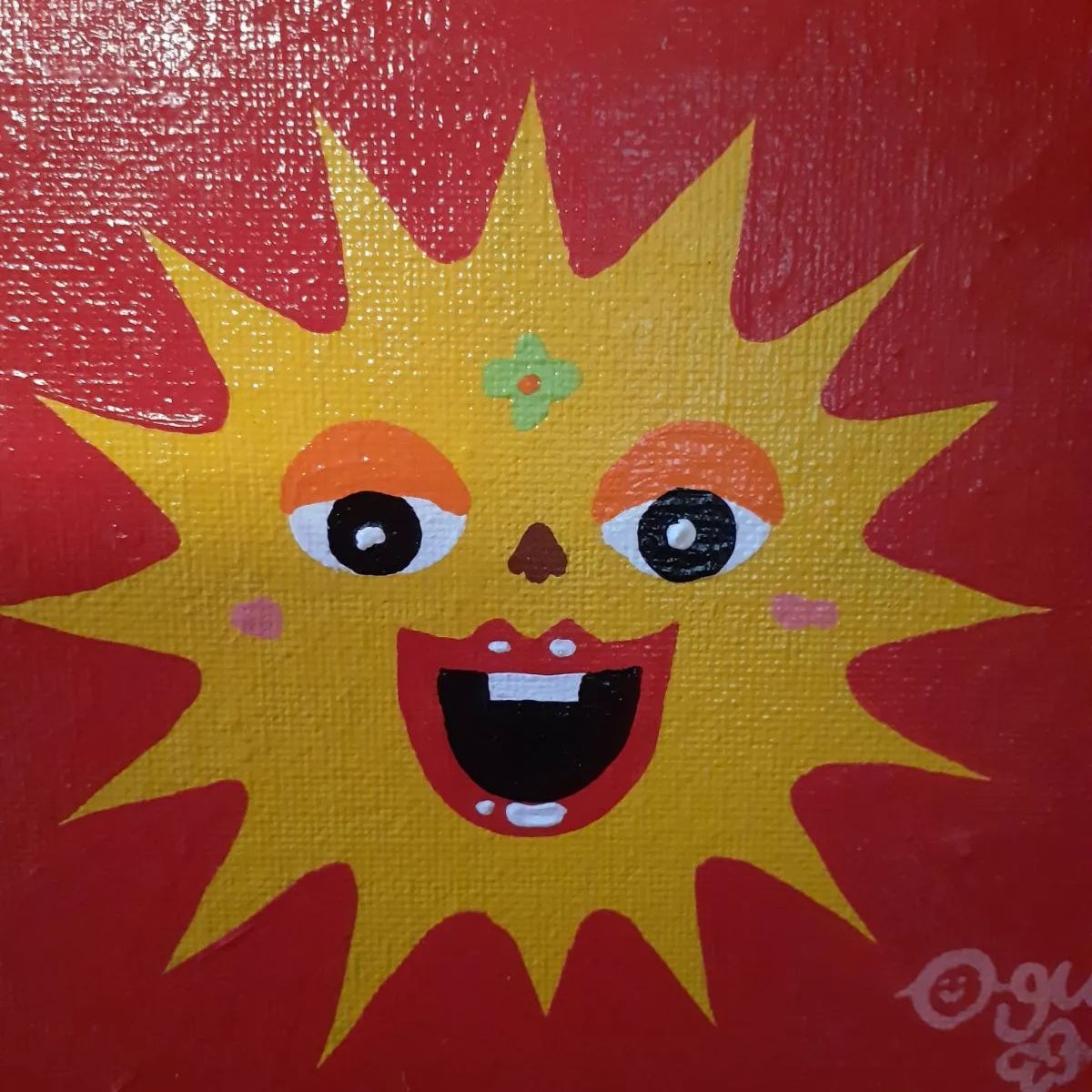 ハッピー太陽 赤 アクリルガッシュ F0号サイズ キャンバス 小楠アキコ 