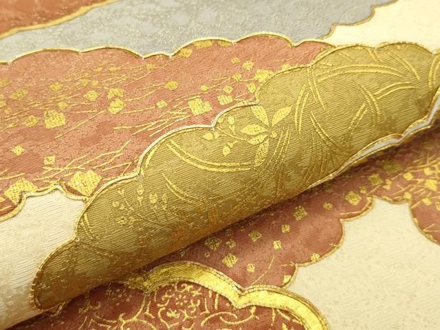 平和屋本店□極上 六通柄袋帯 駒刺繍 雲取り吉祥草花文 金彩 逸品