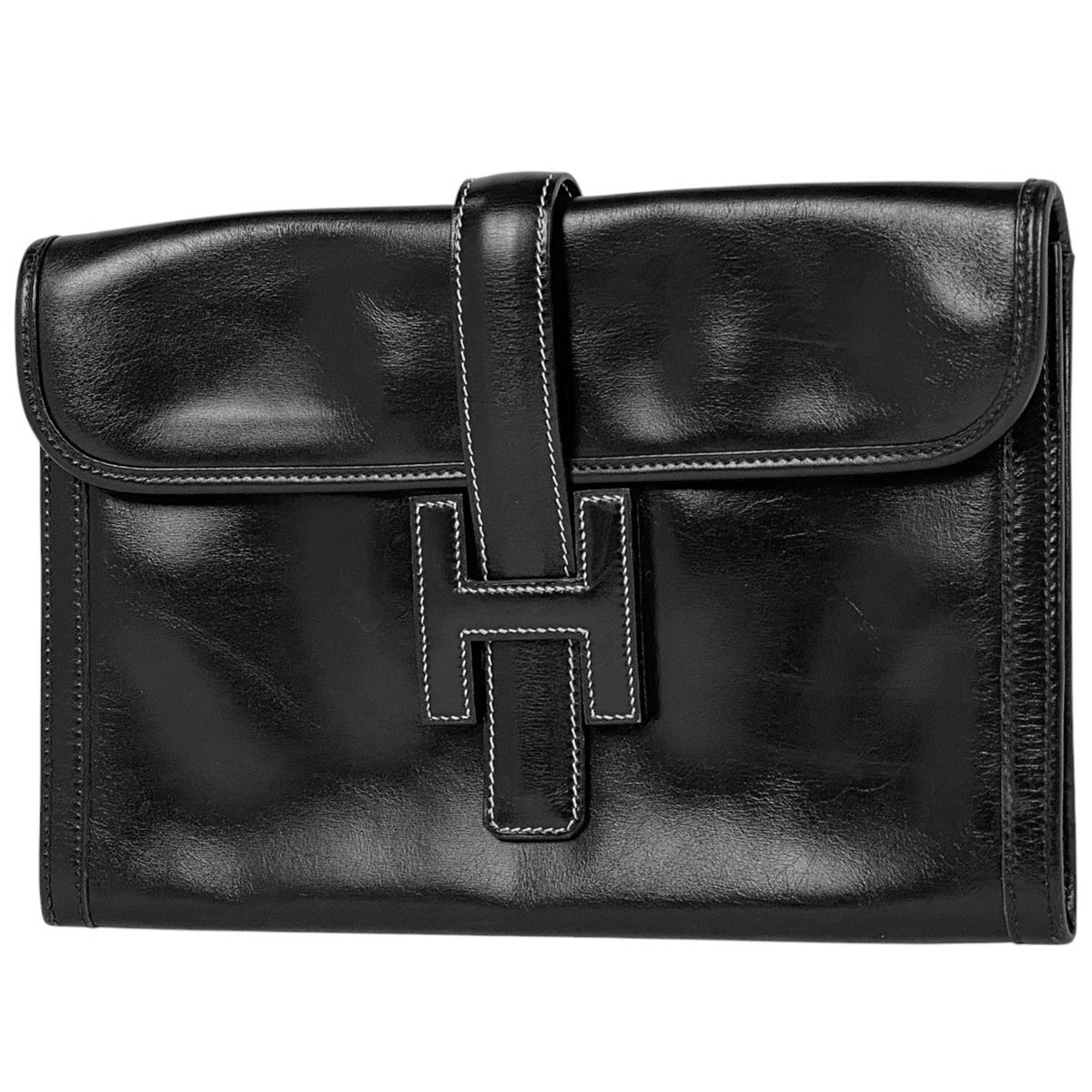 エルメス HERMES ジジェ PM Hロゴ セカンドバッグ ボックスカーフ ブラック 〇S レディース