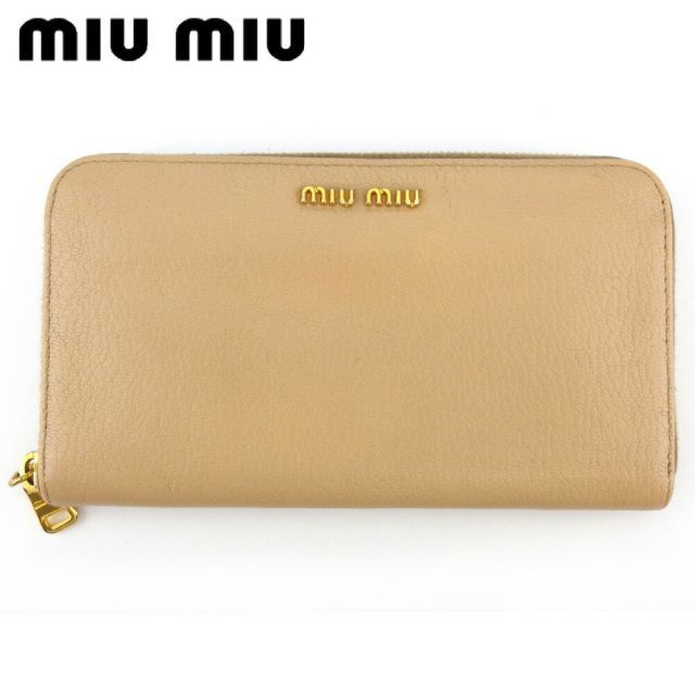 ミュウミュウ 長財布 ラウンドファスナー 財布 レディース ロゴ ベージュ ピンク ゴールド レザー Miu Miu L3386