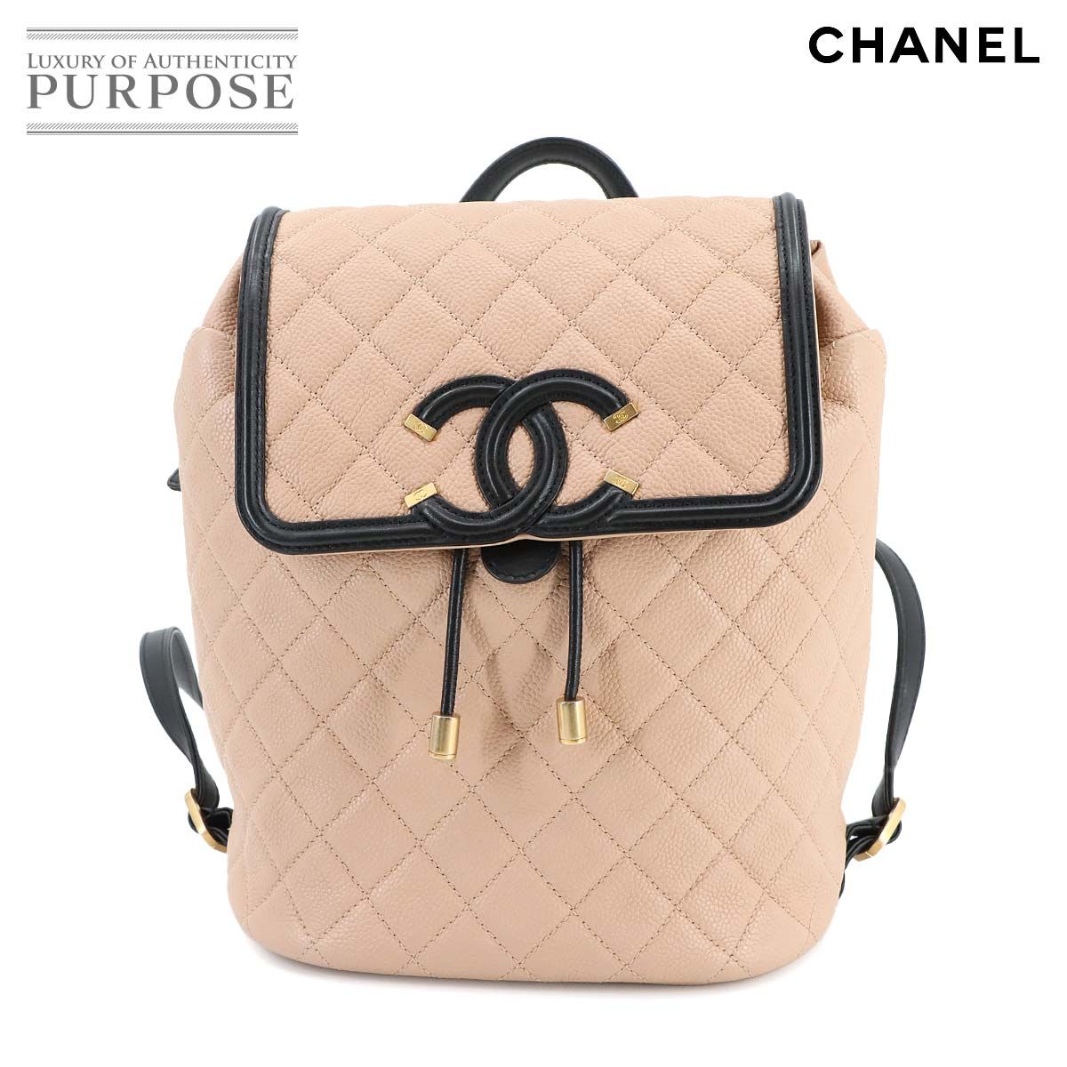 シャネル CHANEL CCフィリグリー チェーン バックパック リュックサック キャビアスキン ベージュ ブラック A57090 90295302
