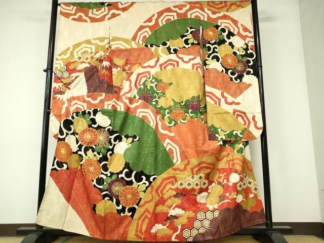 平和屋着物□豪華振袖 駒刺繍 扇面花文 金彩 正絹 逸品