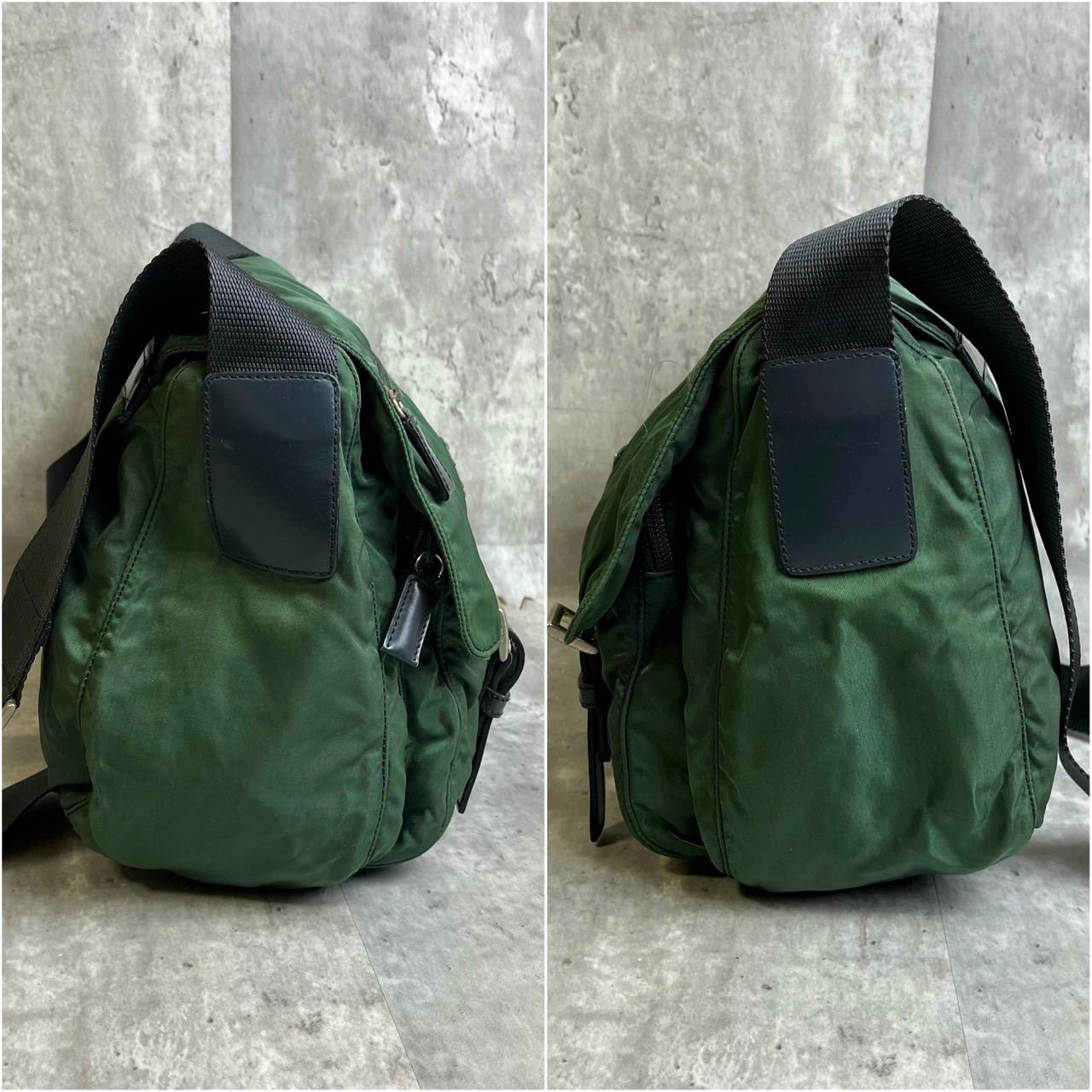 プラダ PRADA メッセンジャーバッグ 三角ロゴ フラップ カーキ 斜め
