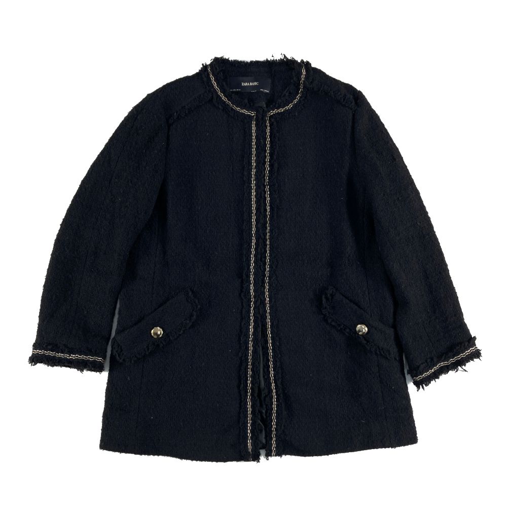 ☆訳あり☆ ZARA BASIC ノーカラー ツイード風コート ブラック L