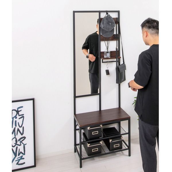 多機能ハンガーラック ミラー付き ブラウン 組立式 ミラー付ハンガー