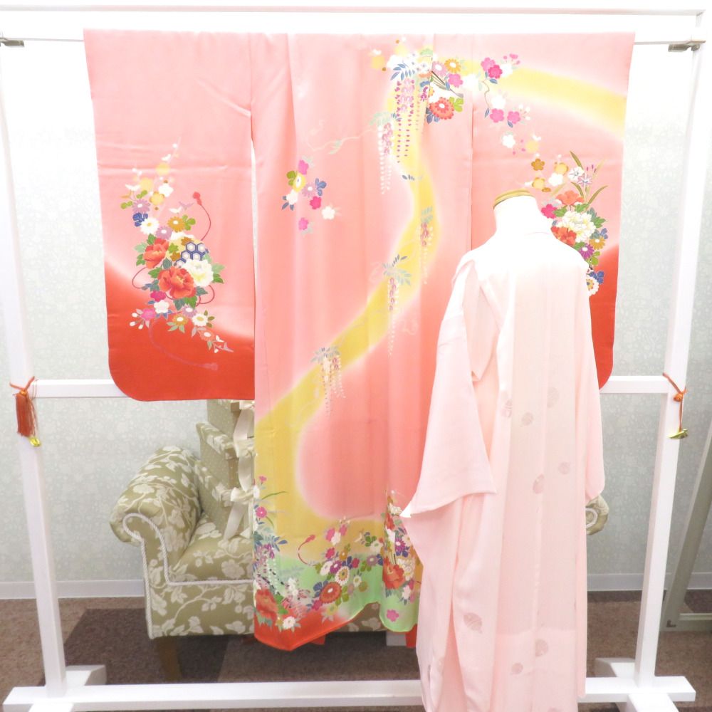 子供着物 女の子用 四つ身 襦袢セット ピンク×薄オレンジ×黄緑ぼかし 花車 一つ紋 ツタ紋 パールトーン加工 子供きもの 女児 七五三 祝着