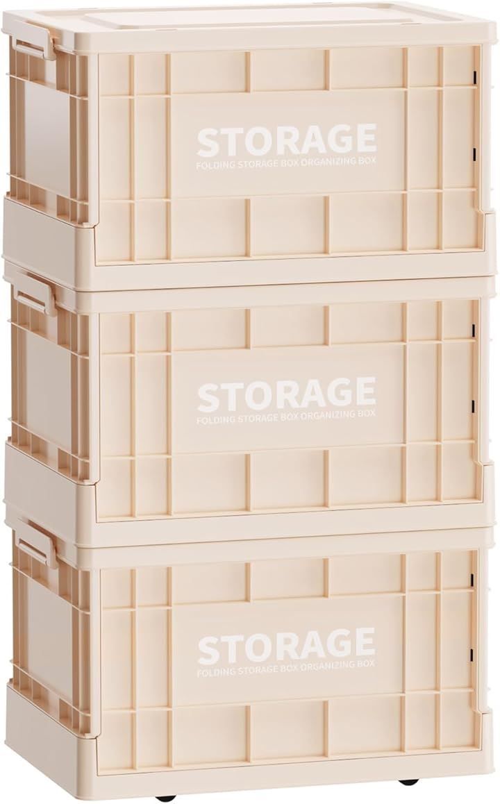 Mozawa 収納ボックス 折りたたみ式 大容量 コンテナボックス 蓋付き キャスター付き おしゃれ プラスチックケース クローゼット 押入れ 衣類 おもちゃ 布団 書類 漫画収納 アウトドア 3個セット クリームホワイト Medium