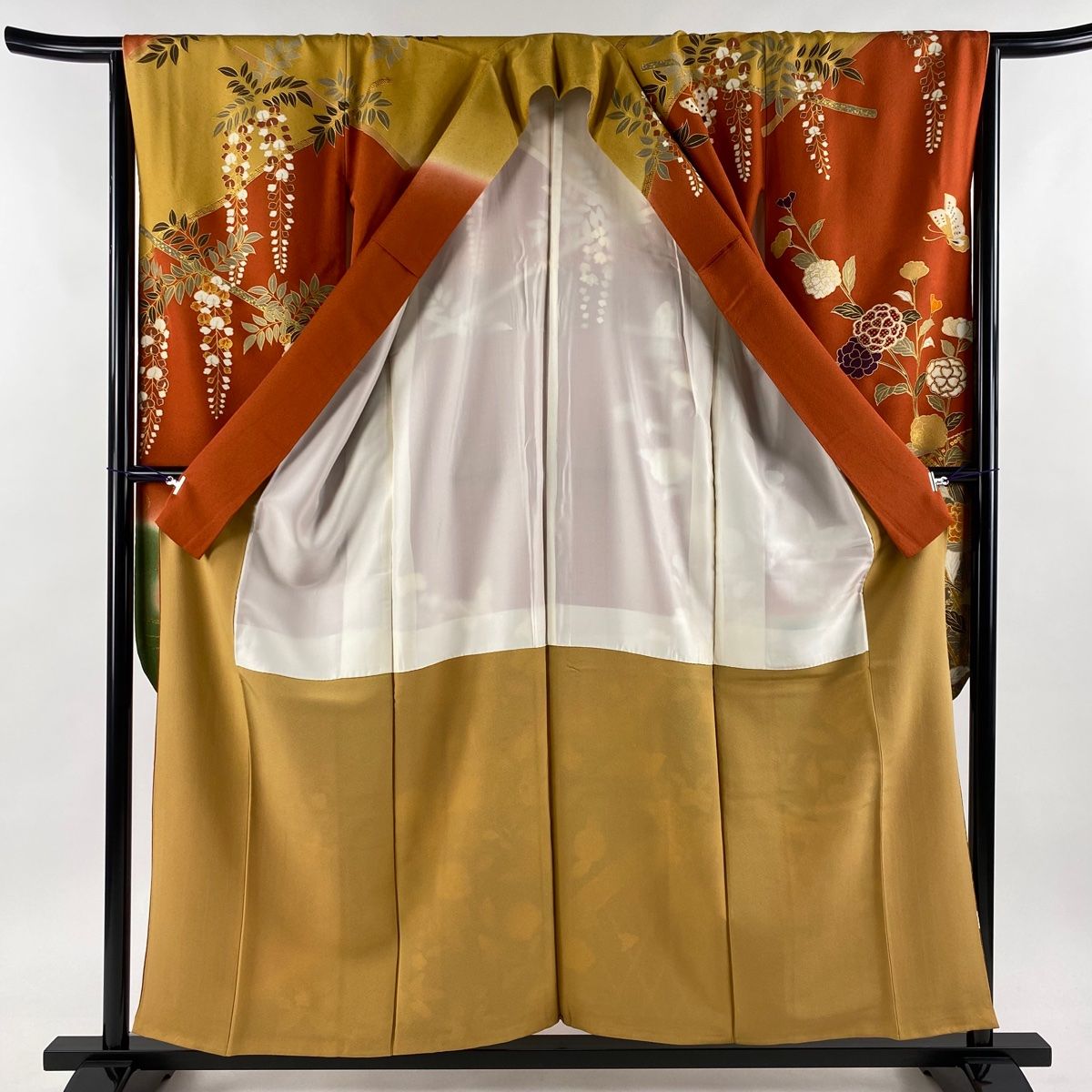 振袖 身丈156.5cm 裄丈65cm M 袷 草花 蝶 金糸 金彩 朱色 正絹
