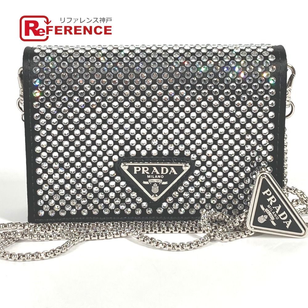 PRADA プラダ カードケース クリスタル付 ショルダーストラップ付 カードケース 1MR024 サテン ブラック