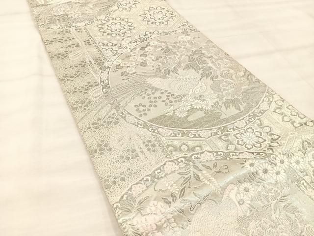 #TU006 金通し・唐織・プラチナ箔・華文様・六通袋帯・ガード加工済 袋帯 美品 秀品 花唐草 華文 箔 金糸 金色 六通 正絹 【中古