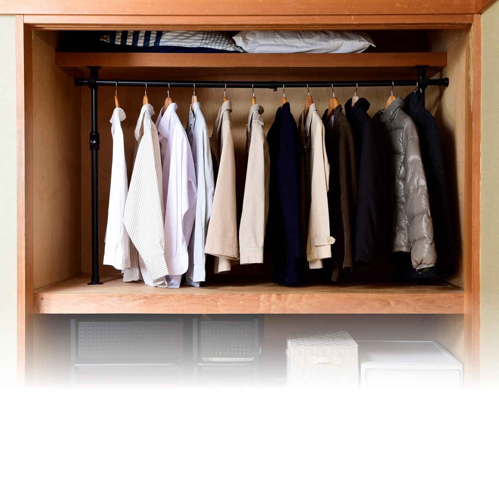 【在庫セール】かんたん突っ張り(実用新案取得済) 幅97.5-166×奥行9.5×高さ80-207cm クローゼット 衣類 押し入れ 収納 ハンガーラック ブラック 突っ張り WJO-716(BK) 山善(YAMAZEN)