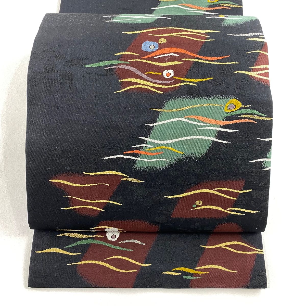 開き名古屋帯 秀品 花 波 金銀糸 黒 正絹