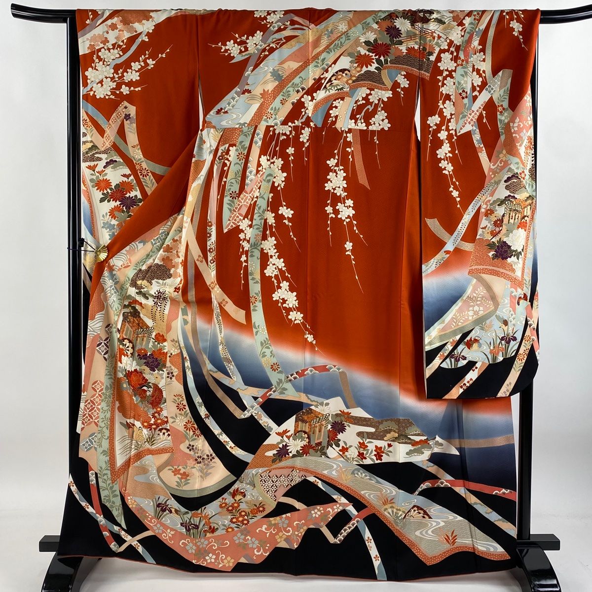 振袖 身丈159cm 裄丈67cm M 袷 蝶 牡丹 銀通し 箔 赤 正絹 美