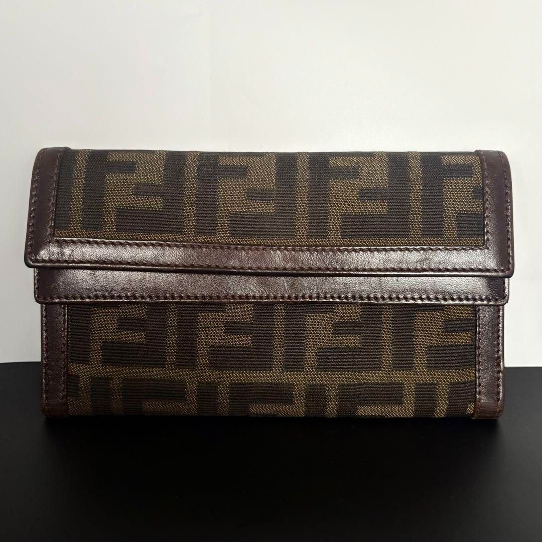 FENDI フェンディ 長財布 三つ折り財布 ズッカ ダブルフラップ キャンバス×レザー ブラウン 茶色
