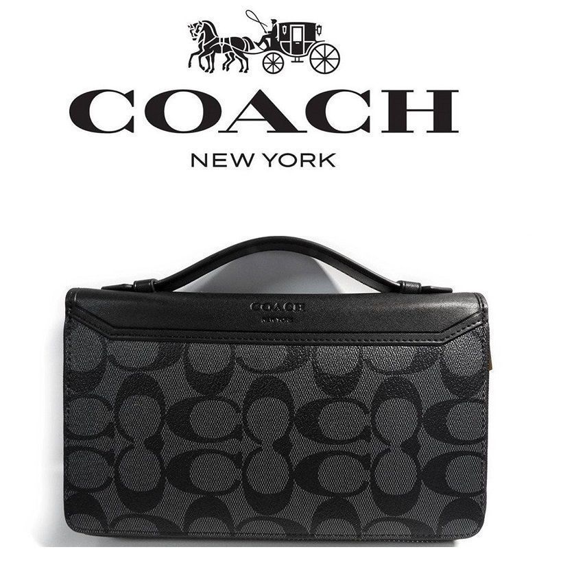 コーチ財布＞COACH/コーチ財布 長財布 F93240 チャコール×ブラック ダブルジップ トラベルオーガナイザー シグネチャー セカンドバッグ  メンズ財布 アウトレット品 紙袋付属 新品未使用 - メルカリ