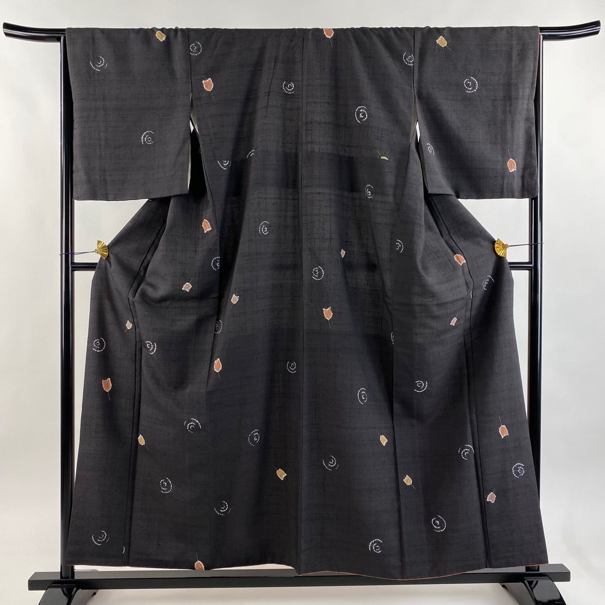 小紋 身丈156.5cm 裄丈66cm M 袷 紬地 幾何学 絞り 金彩 焦茶色 正絹 名品