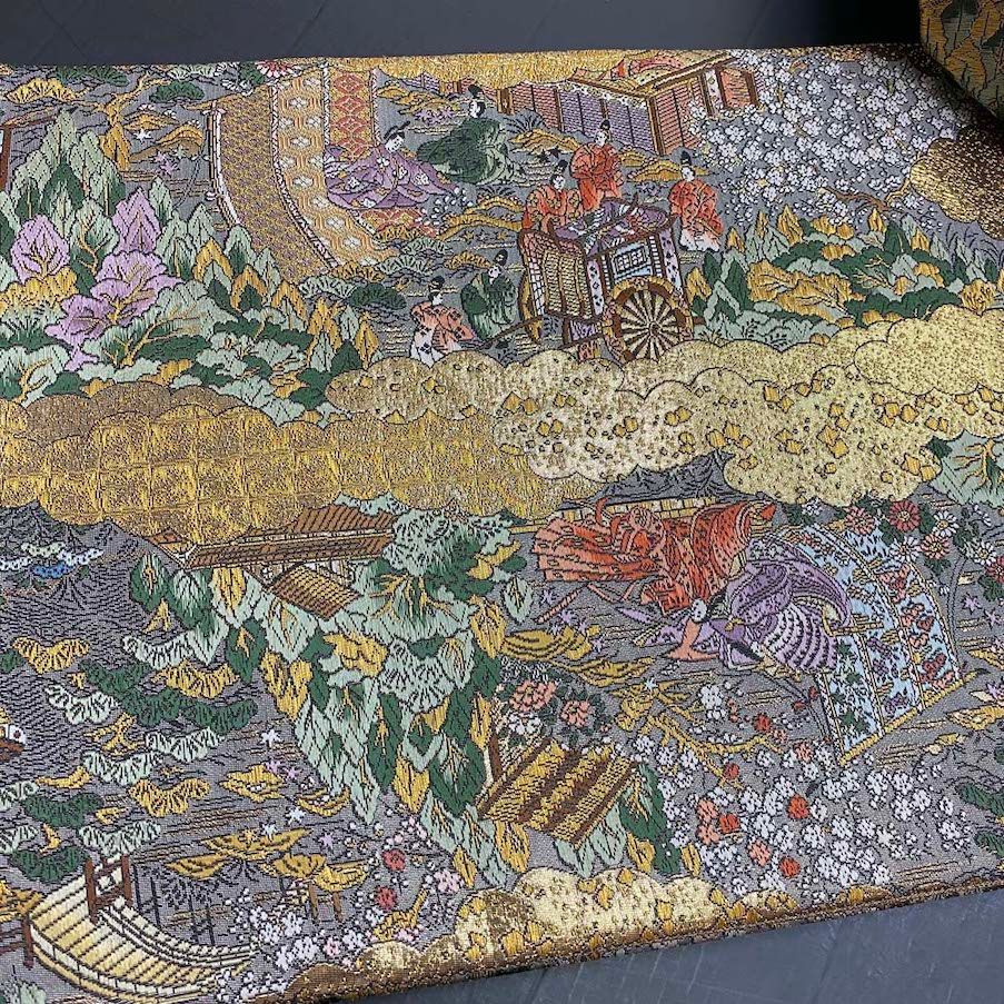【袋帯】刺繍 金 黒 全通柄袋帯 色無地 訪問着 付け下げ 中古 礼装 正絹 仕立て上がり リサイクル 438cm 2845 袋帯】刺繍 金 黒 全通柄袋帯 色無地 訪問着 付け下げ 中古 礼装 正絹
