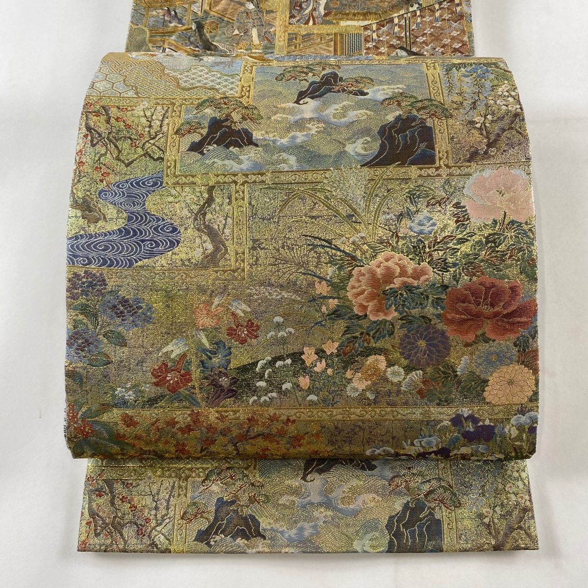 袋帯 名品 私流絵図 姫 草花 金糸 箔 金色 お太鼓柄 正絹