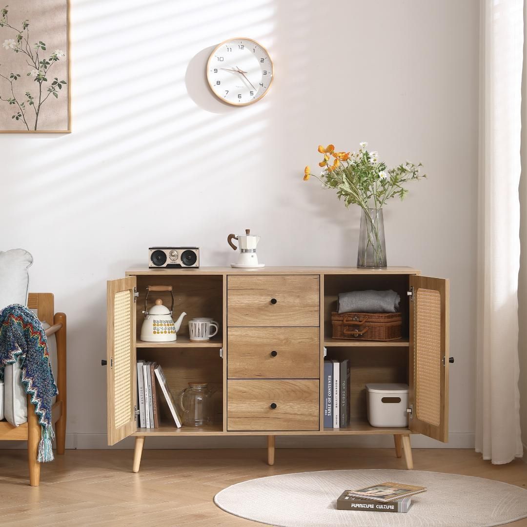 木目調キャビネット 4引き出し 4棚 lowya 木目調キャビネット[幅90