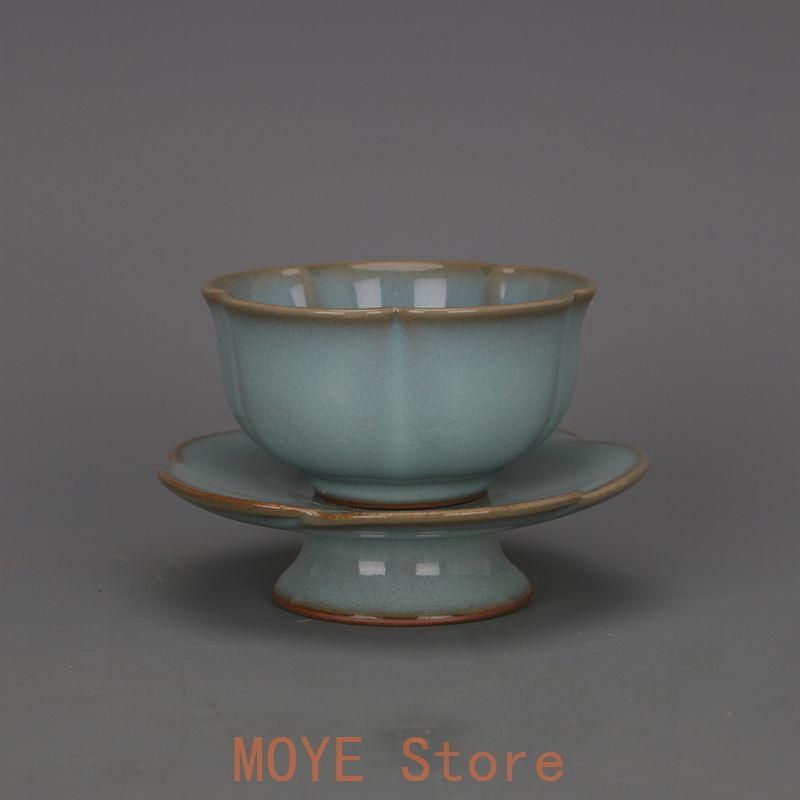 宋汝窯天青釉開片瓜稜蓮葉口梅花杯 景徳鎮 陶磁器 装飾品 現代