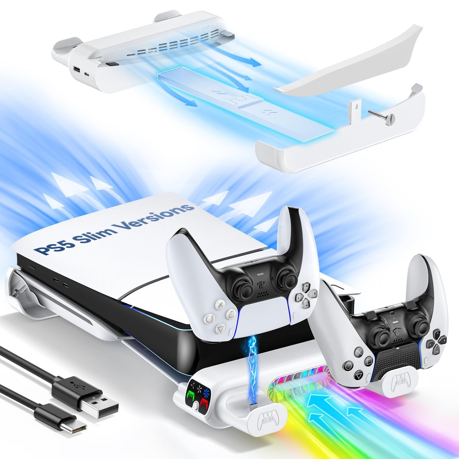 充電スタンド 放熱改善 コントローラー 転倒防止 Silm 地震対策 PS5 PS5 傷付き防止 RGBライト付 新型PS5スタンド 3段階風速調整冷却ファン PS5 横置きスタンド Slim通常版/デジタル版両対応 Slim PS5 