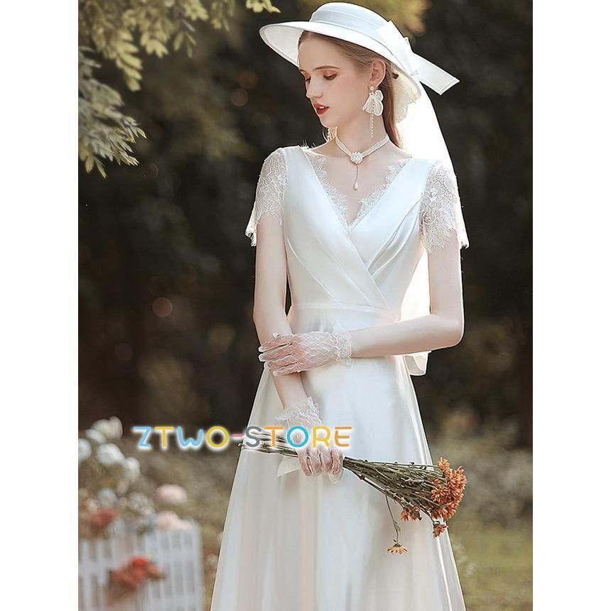 ウェディングドレス 袖あり 半袖 ウェディングドレス 大きいサイズ 3L 4L 小さいサイズ ウェディングドレス 二次会 シンプル 上品 レース VWPまとめ買い割引 FFCRYSTALESIA_COM