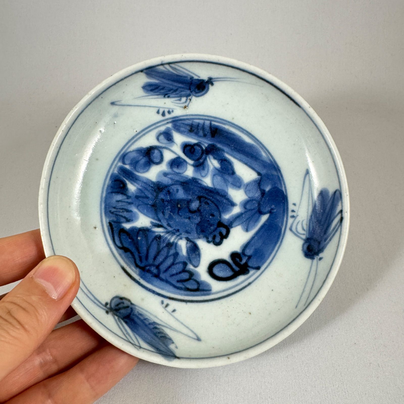古伊万里　藍九谷　小皿　無傷完品　新渡　古染付　民芸　民藝　古九谷　初期伊万里 初期伊万里◇染付花に虫文小皿【A】◇江戸時代◇古伊万里◇藍