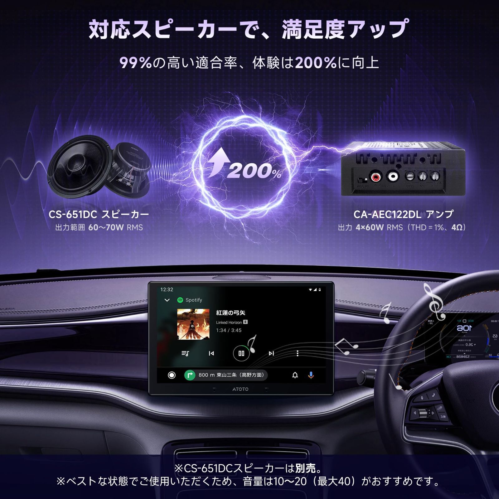 ATOTOZONE CA-AEC122DL コンパクトカーアンプ 6.5フィート 2メートル電源ケーブル付き クラスD TI TPA3221 4チャンネル RMS 4x60W なEQ 特定のATOTOZONEカーステレオと互換性あり BRIGHTFACE_UK