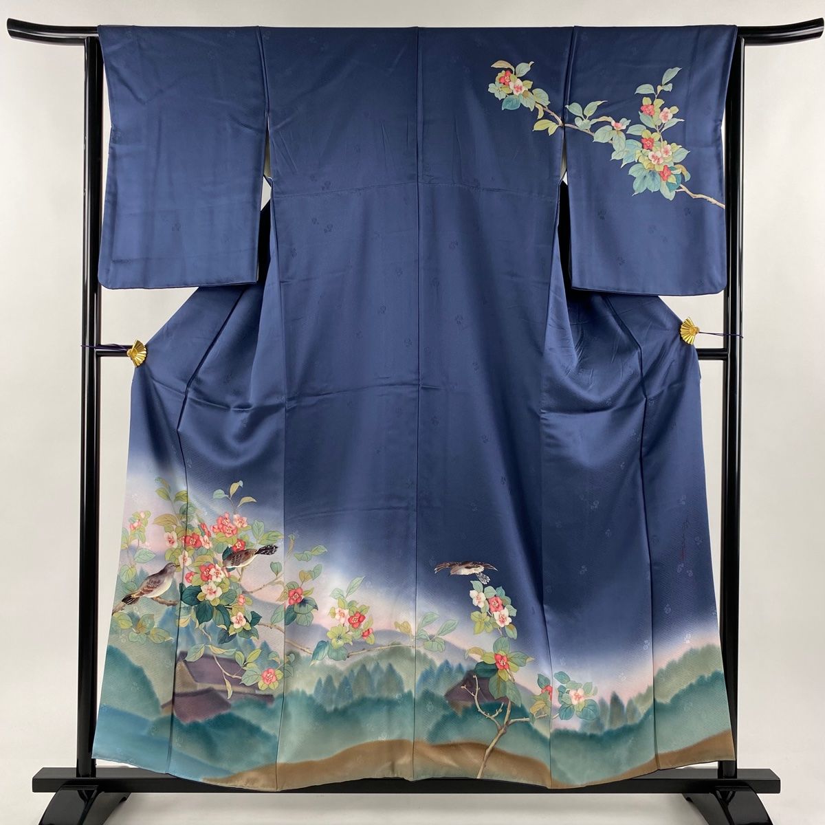 美品 作家物 正絹 着物 訪問着 ブルー グリーン 木 鳥 卒業 入学 卒園 
