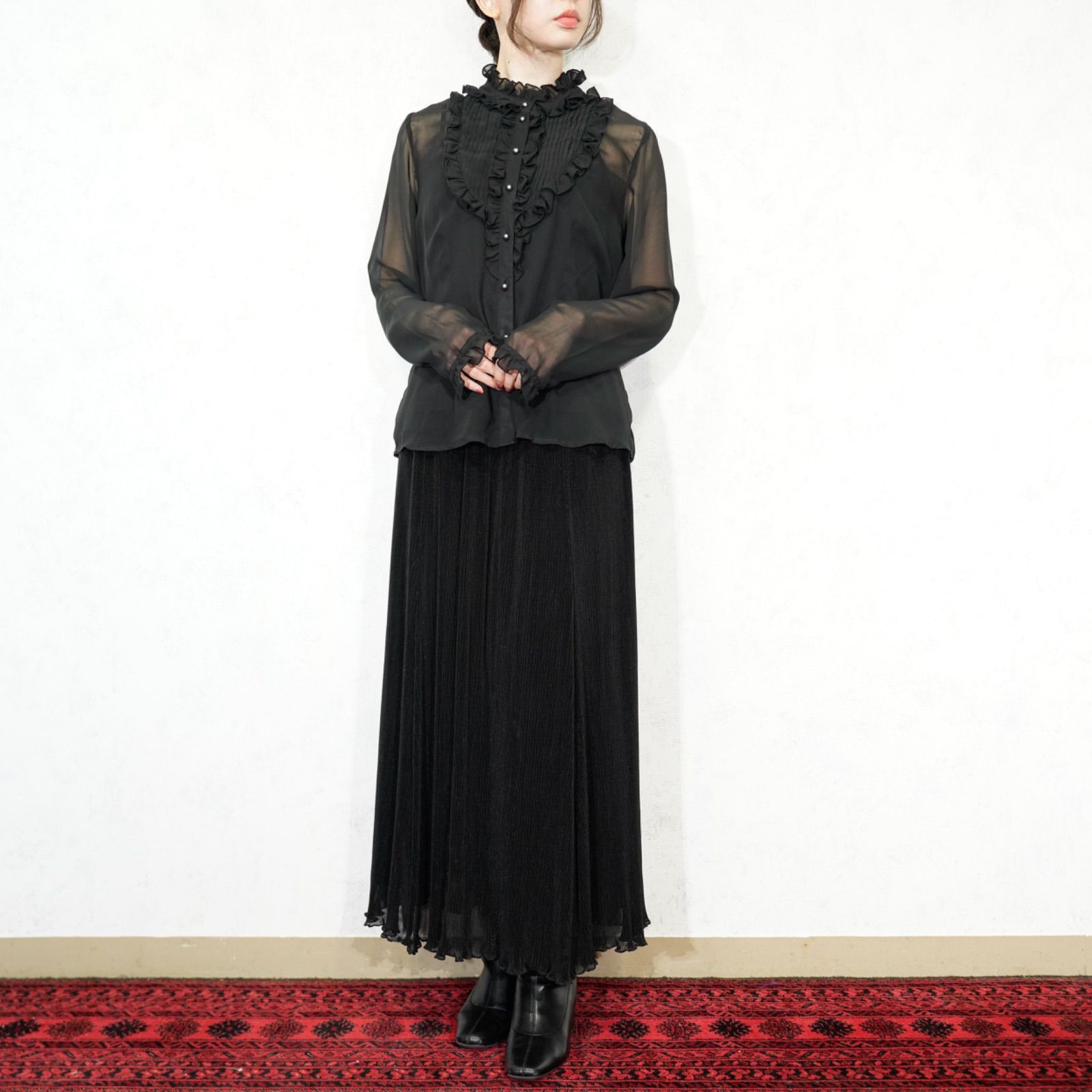 USA VINTAGE LAVAGE SANS BLACK COLOR PLEATES DESIGN LONG SKIRT 
