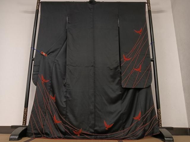 平和屋着物○染色作家 斉藤三才 振袖 絞り 三才鳥 黒地 ロング丈 正絹  