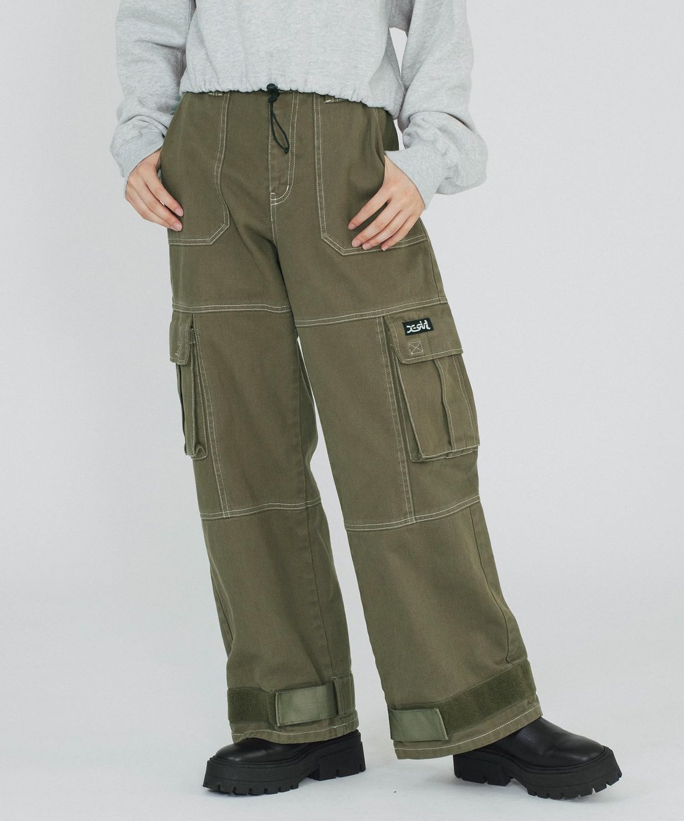 [エックスガール] カジュアルパンツ ADJUSTABLE HEM CARGO PANTS レディース オリーブ